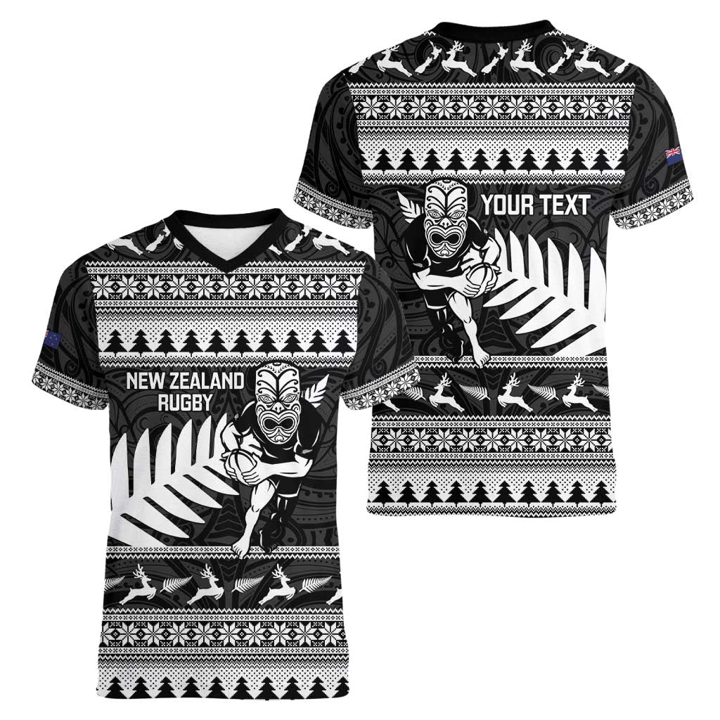 New Zealand Christmas Rugby Personalised Women V-Neck T-Shirt Meri Kirihimete All Black Maori - Polynesian Pride