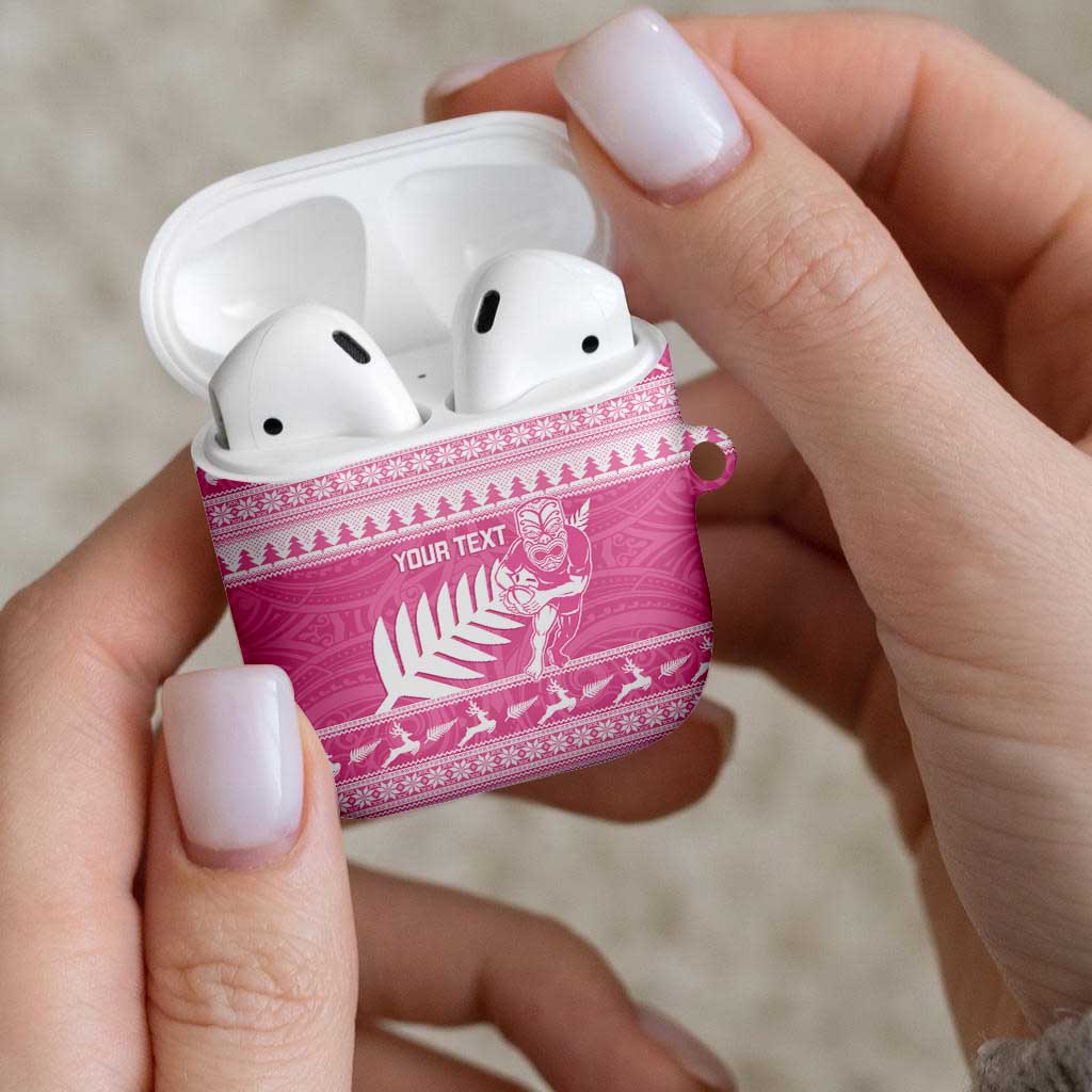 New Zealand Christmas Rugby Personalised AirPods Case Meri Kirihimete All Black Maori Pink Version - Polynesian Pride