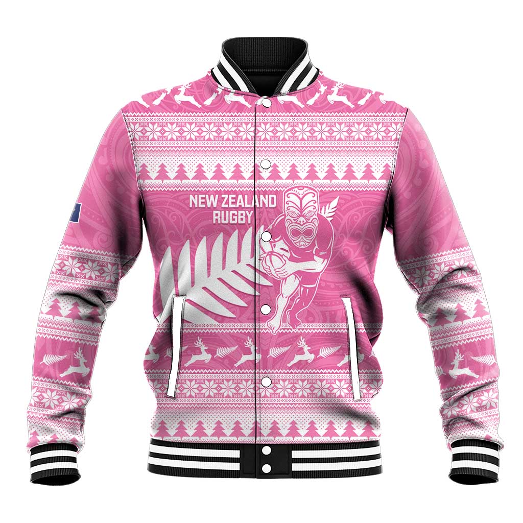 New Zealand Christmas Rugby Personalised Baseball Jacket Meri Kirihimete All Black Maori Pink Version - Polynesian Pride