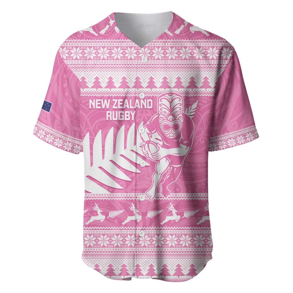 New Zealand Christmas Rugby Personalised Baseball Jersey Meri Kirihimete All Black Maori Pink Version - Polynesian Pride