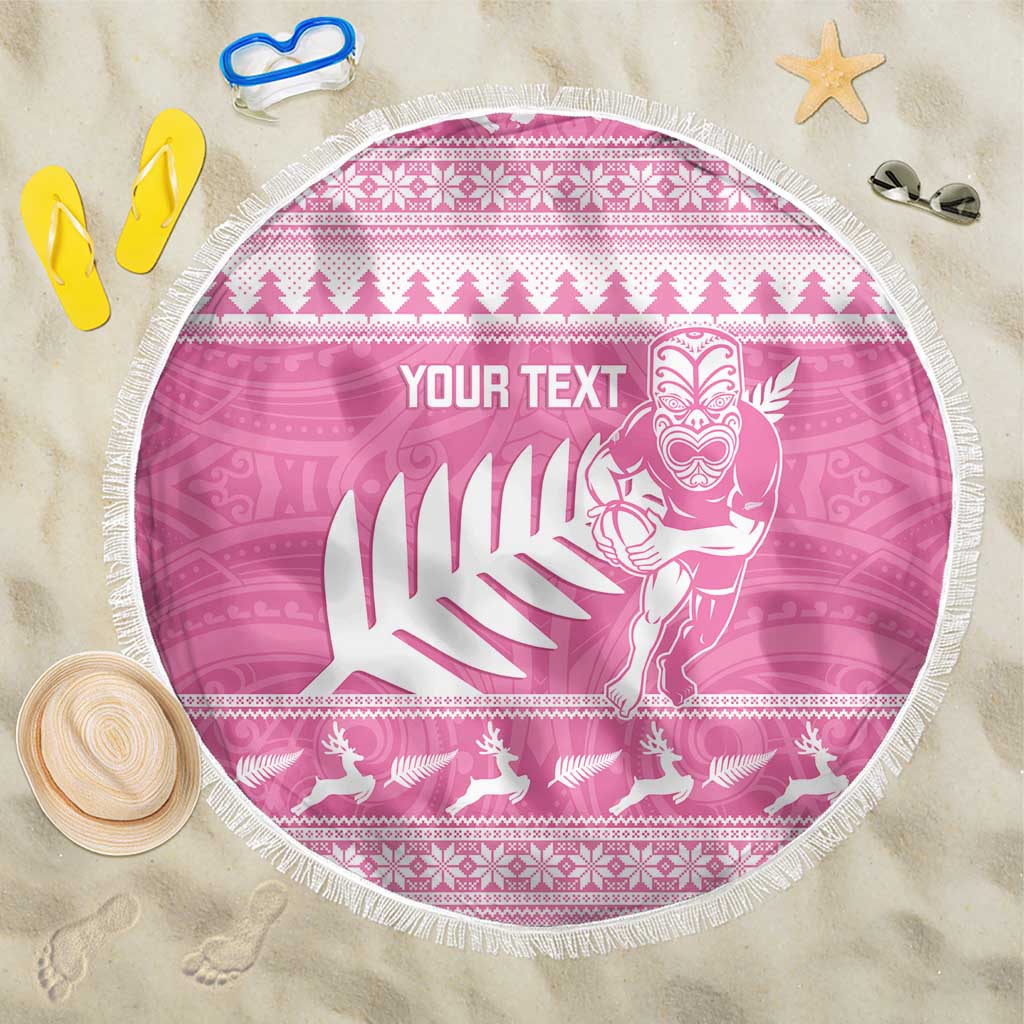 New Zealand Christmas Rugby Personalised Beach Blanket Meri Kirihimete All Black Maori Pink Version - Polynesian Pride