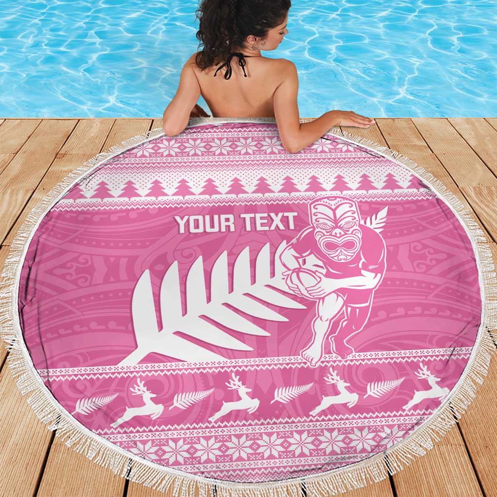 New Zealand Christmas Rugby Personalised Beach Blanket Meri Kirihimete All Black Maori Pink Version - Polynesian Pride