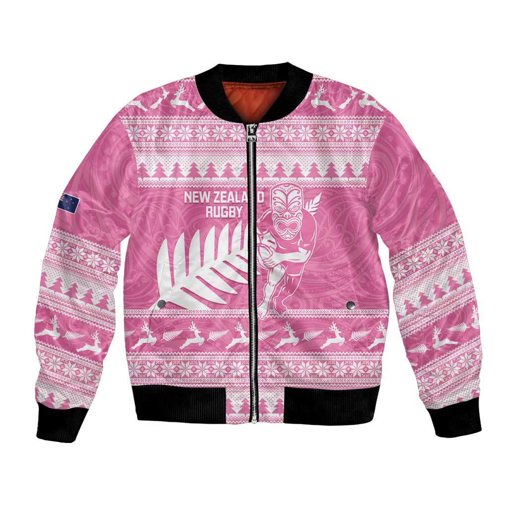 New Zealand Christmas Rugby Personalised Bomber Jacket Meri Kirihimete All Black Maori Pink Version - Polynesian Pride