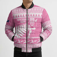 New Zealand Christmas Rugby Personalised Bomber Puffer Jacket Meri Kirihimete All Black Maori Pink Version - Polynesian Pride