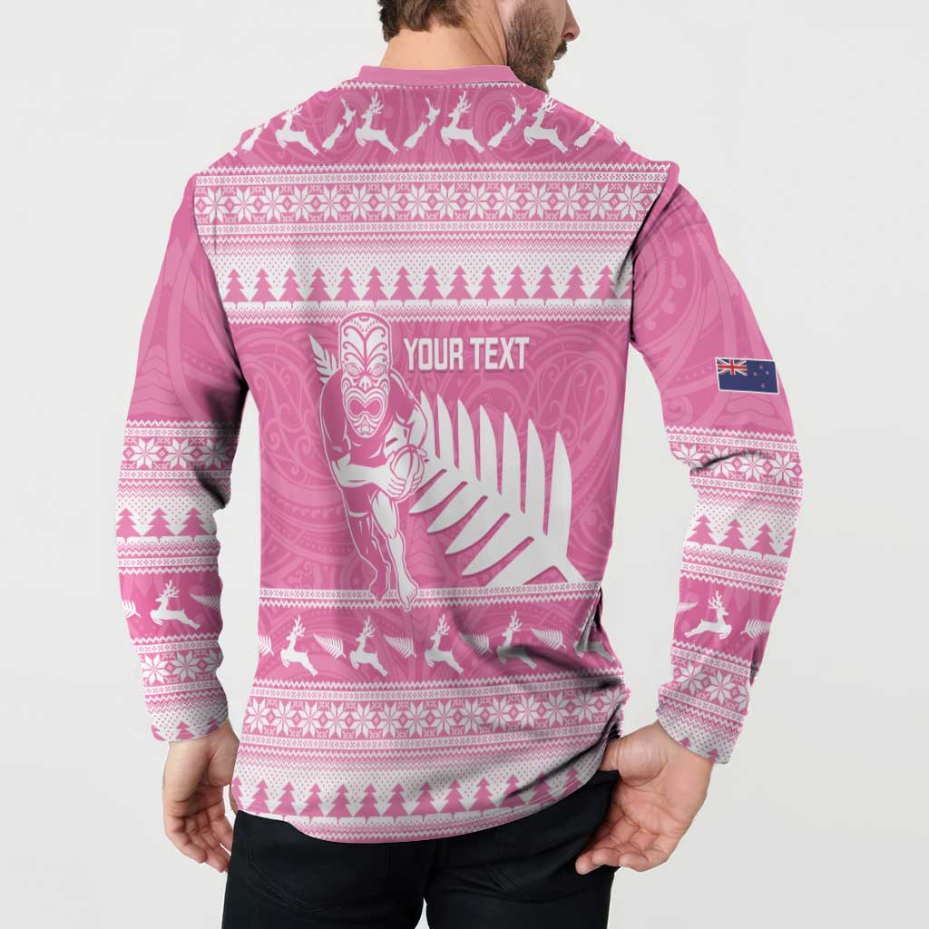 New Zealand Christmas Rugby Personalised Button Sweatshirt Meri Kirihimete All Black Maori Pink Version - Polynesian Pride