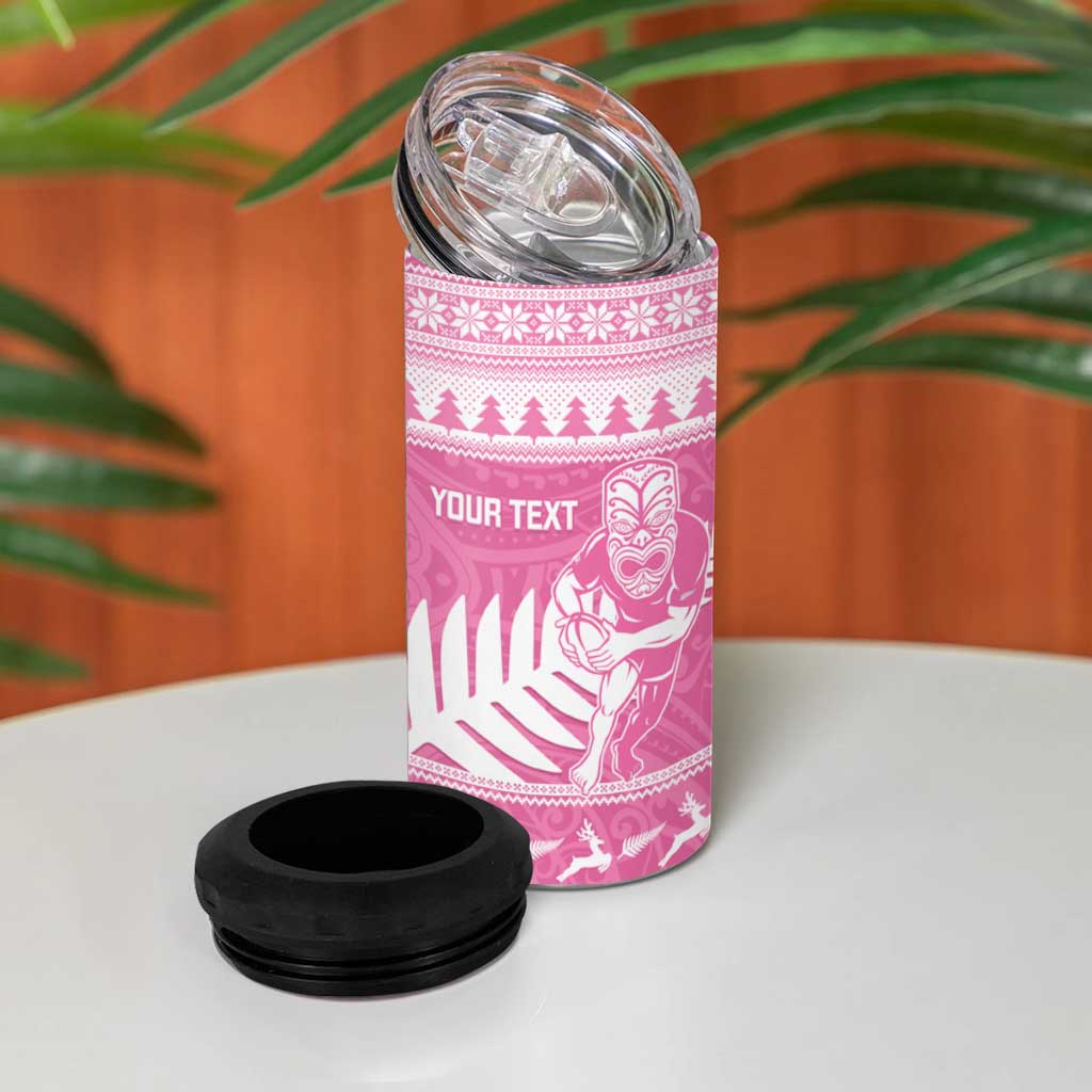 New Zealand Christmas Rugby Personalised 4 in 1 Can Cooler Tumbler Meri Kirihimete All Black Maori Pink Version - Polynesian Pride