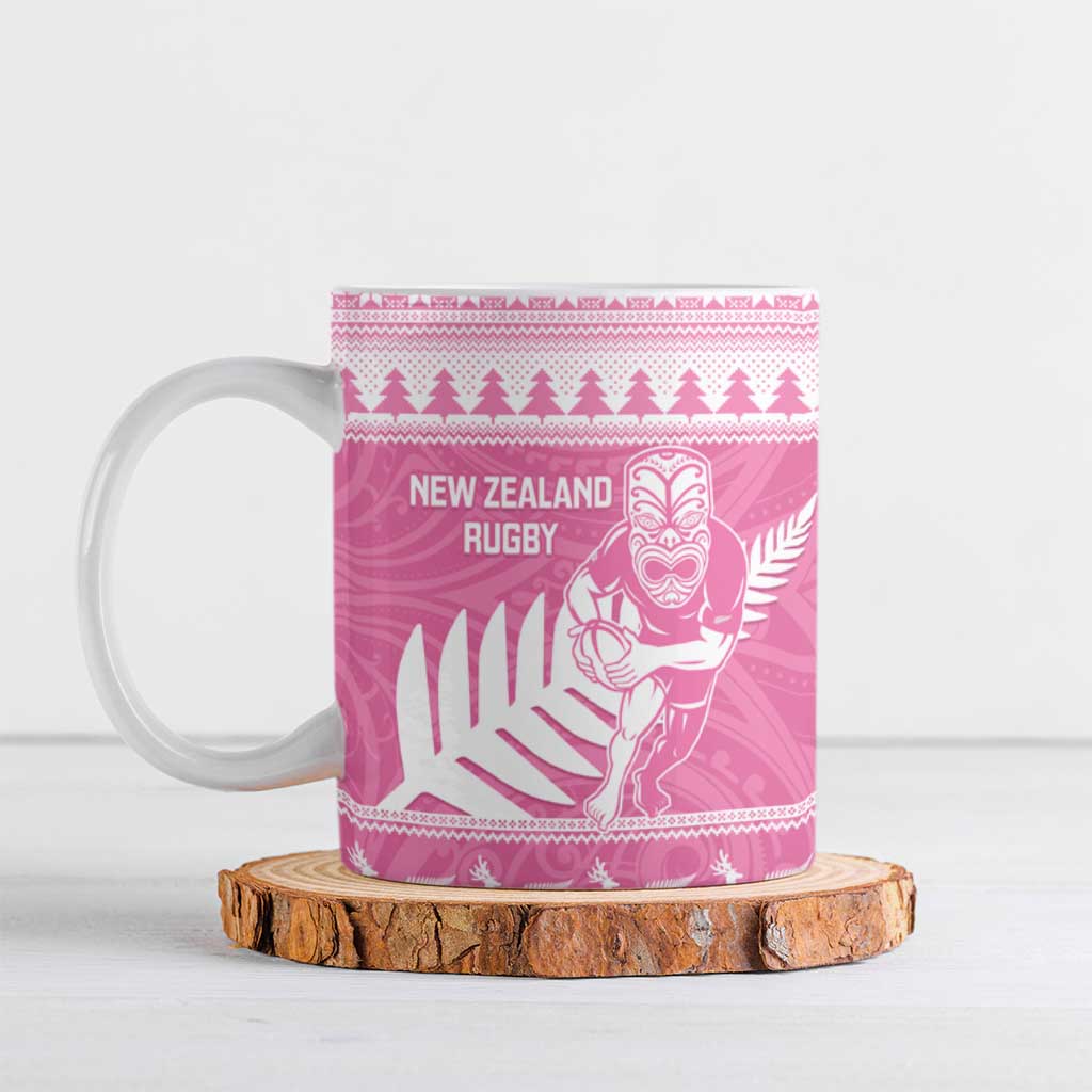 New Zealand Christmas Rugby Personalised Ceramic Mug Meri Kirihimete All Black Maori Pink Version - Polynesian Pride