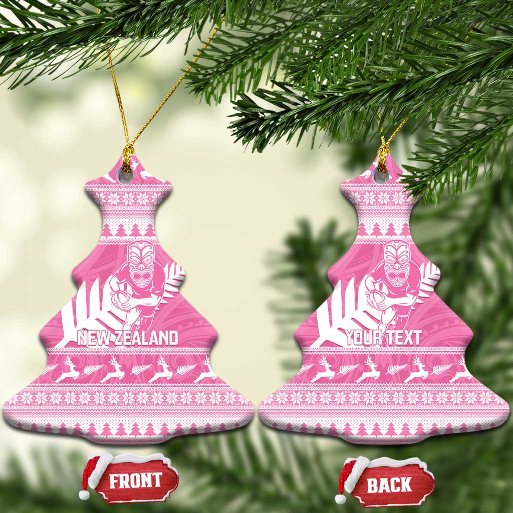 New Zealand Christmas Rugby Personalised Ceramic Ornament Meri Kirihimete All Black Maori Pink Version - Polynesian Pride
