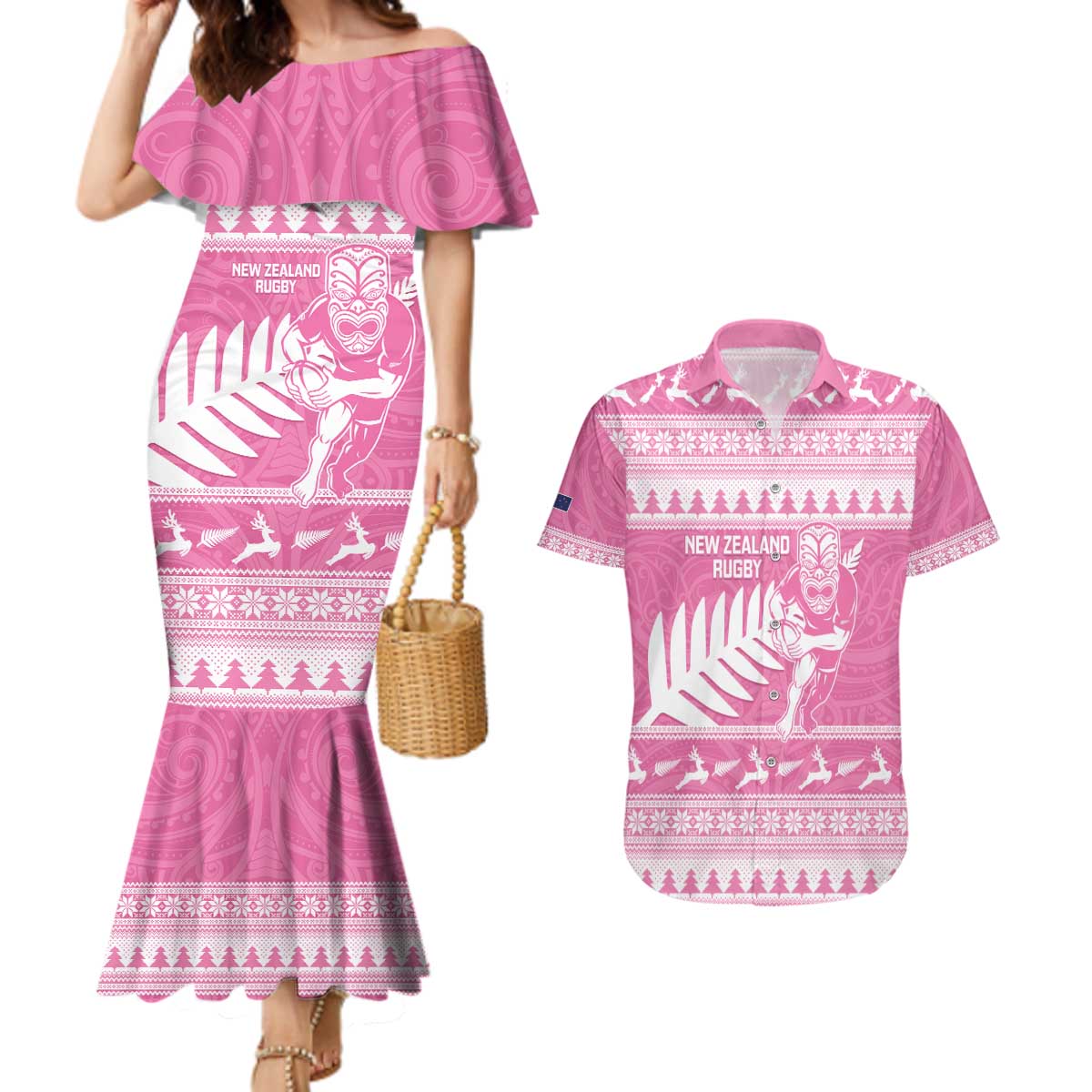 New Zealand Christmas Rugby Personalised Couples Matching Mermaid Dress and Hawaiian Shirt Meri Kirihimete All Black Maori Pink Version - Polynesian Pride