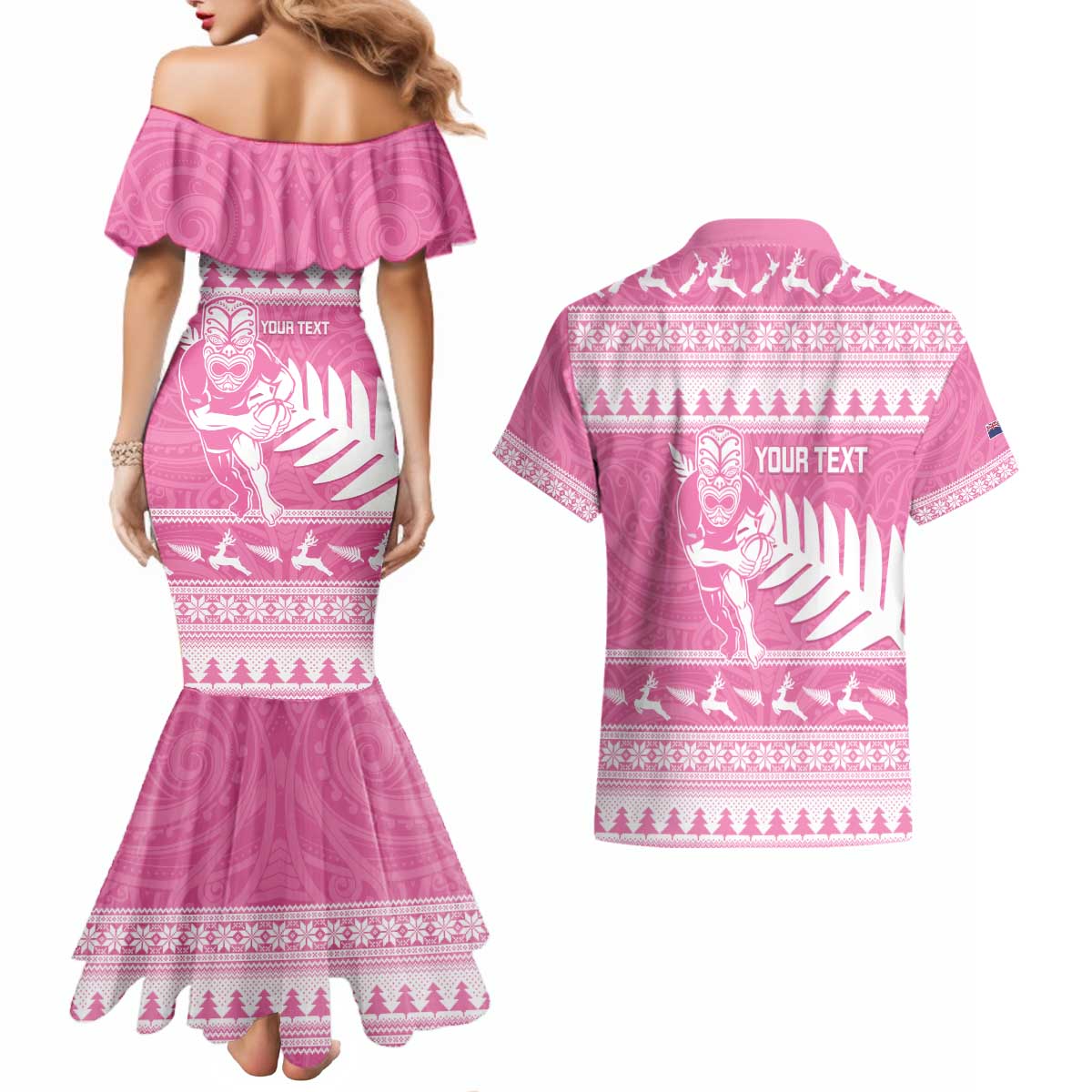 New Zealand Christmas Rugby Personalised Couples Matching Mermaid Dress and Hawaiian Shirt Meri Kirihimete All Black Maori Pink Version - Polynesian Pride