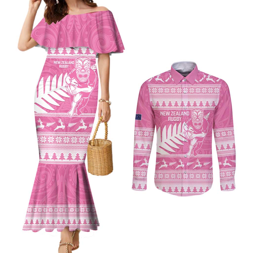 New Zealand Christmas Rugby Personalised Couples Matching Mermaid Dress and Long Sleeve Button Shirt Meri Kirihimete All Black Maori Pink Version - Polynesian Pride
