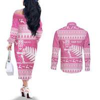 New Zealand Christmas Rugby Personalised Couples Matching Off The Shoulder Long Sleeve Dress and Long Sleeve Button Shirt Meri Kirihimete All Black Maori Pink Version - Polynesian Pride