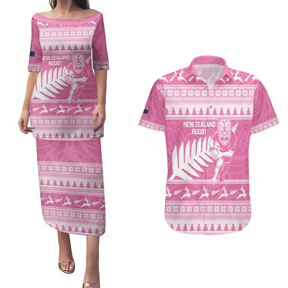 New Zealand Christmas Rugby Personalised Couples Matching Puletasi and Hawaiian Shirt Meri Kirihimete All Black Maori Pink Version - Polynesian Pride