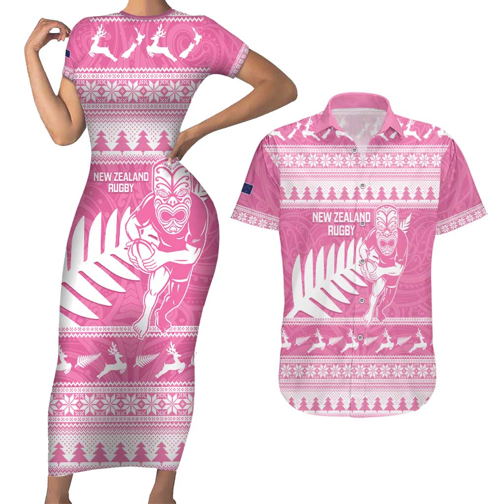 New Zealand Christmas Rugby Personalised Couples Matching Short Sleeve Bodycon Dress and Hawaiian Shirt Meri Kirihimete All Black Maori Pink Version - Polynesian Pride