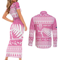 New Zealand Christmas Rugby Personalised Couples Matching Short Sleeve Bodycon Dress and Long Sleeve Button Shirt Meri Kirihimete All Black Maori Pink Version - Polynesian Pride