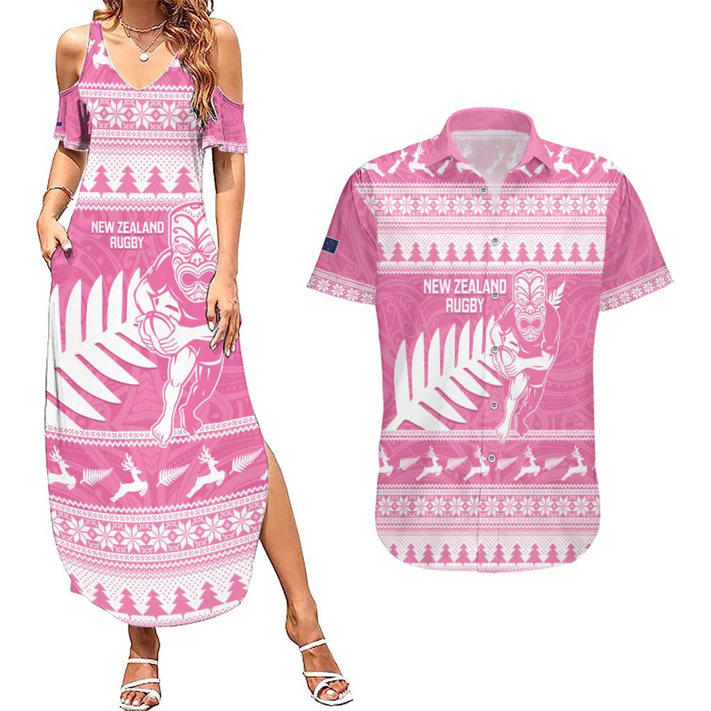 New Zealand Christmas Rugby Personalised Couples Matching Summer Maxi Dress and Hawaiian Shirt Meri Kirihimete All Black Maori Pink Version - Polynesian Pride