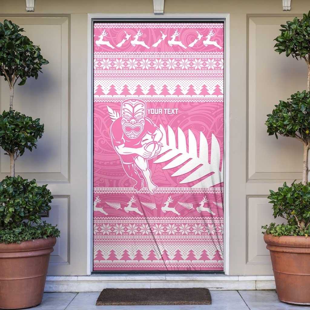 New Zealand Christmas Rugby Personalised Door Cover Meri Kirihimete All Black Maori Pink Version - Polynesian Pride