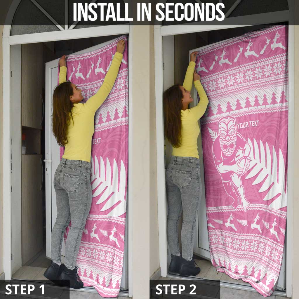 New Zealand Christmas Rugby Personalised Door Cover Meri Kirihimete All Black Maori Pink Version - Polynesian Pride