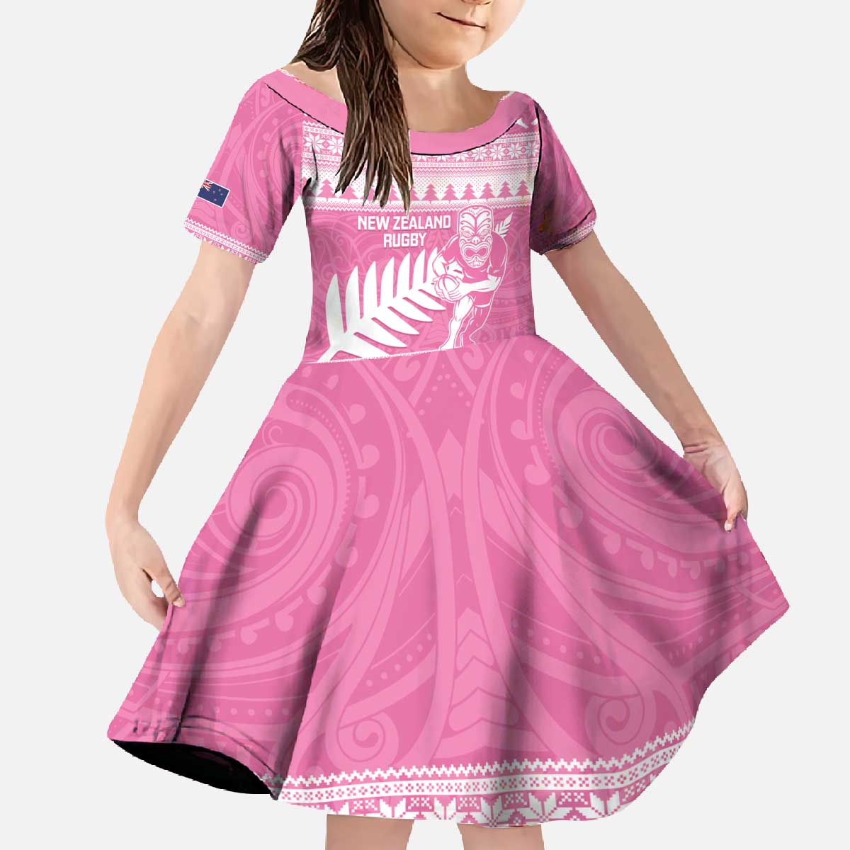 New Zealand Christmas Rugby Personalised Family Matching Off The Shoulder Long Sleeve Dress and Hawaiian Shirt Meri Kirihimete All Black Maori Pink Version - Polynesian Pride