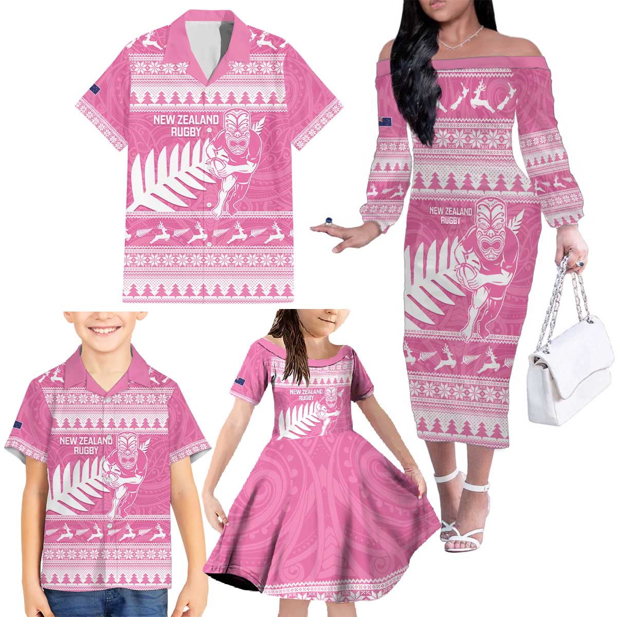 New Zealand Christmas Rugby Personalised Family Matching Off The Shoulder Long Sleeve Dress and Hawaiian Shirt Meri Kirihimete All Black Maori Pink Version - Polynesian Pride