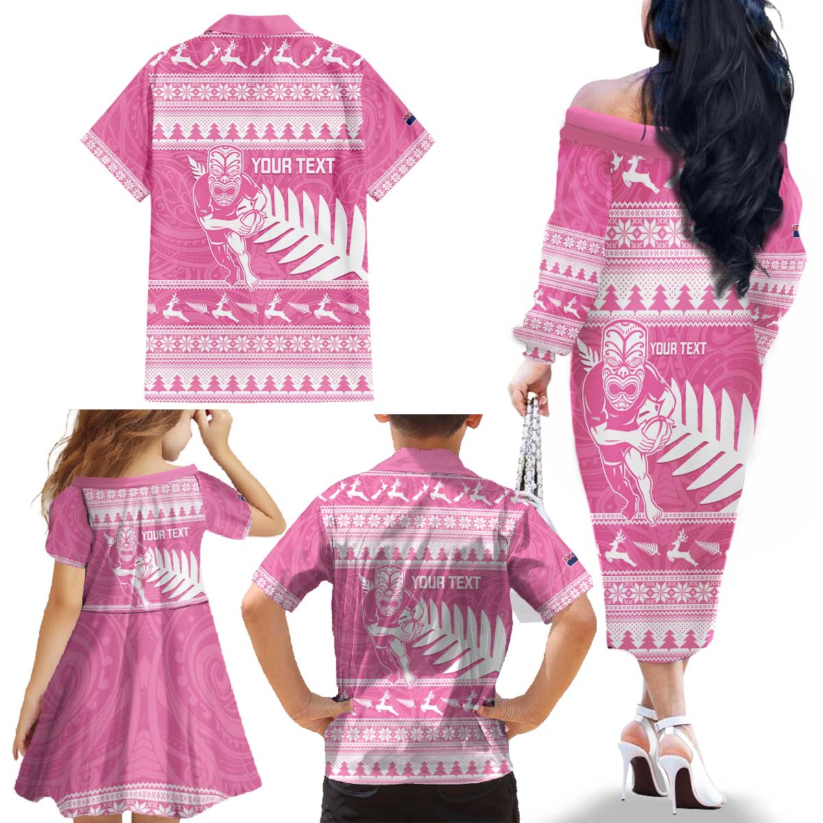 New Zealand Christmas Rugby Personalised Family Matching Off The Shoulder Long Sleeve Dress and Hawaiian Shirt Meri Kirihimete All Black Maori Pink Version - Polynesian Pride
