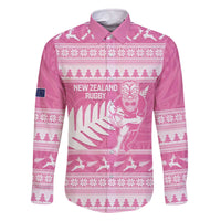 New Zealand Christmas Rugby Personalised Family Matching Off The Shoulder Long Sleeve Dress and Hawaiian Shirt Meri Kirihimete All Black Maori Pink Version - Polynesian Pride