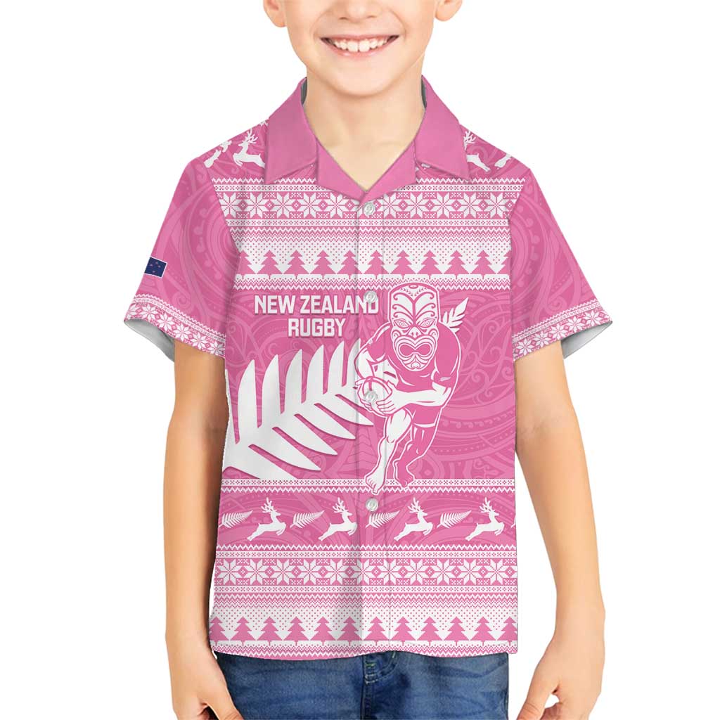 New Zealand Christmas Rugby Personalised Family Matching Off Shoulder Short Dress and Hawaiian Shirt Meri Kirihimete All Black Maori Pink Version - Polynesian Pride