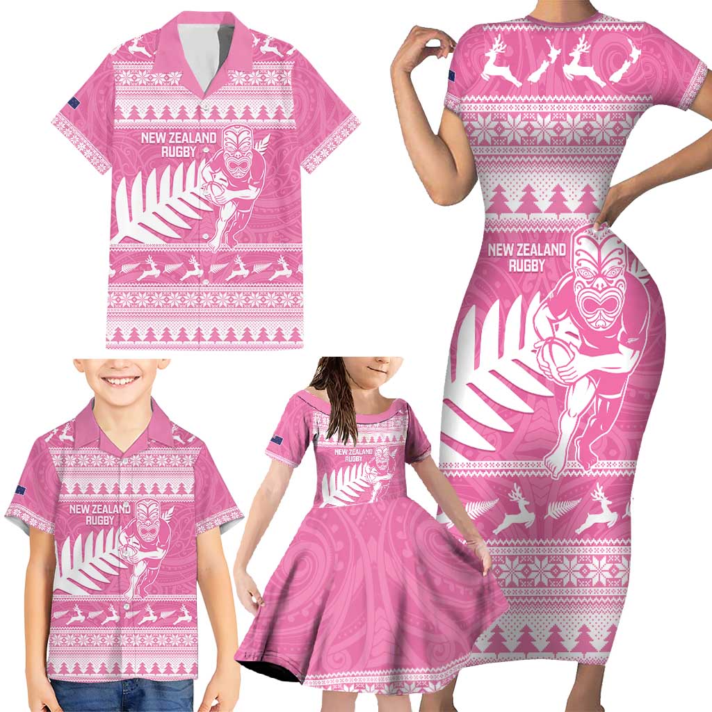 New Zealand Christmas Rugby Personalised Family Matching Short Sleeve Bodycon Dress and Hawaiian Shirt Meri Kirihimete All Black Maori Pink Version - Polynesian Pride