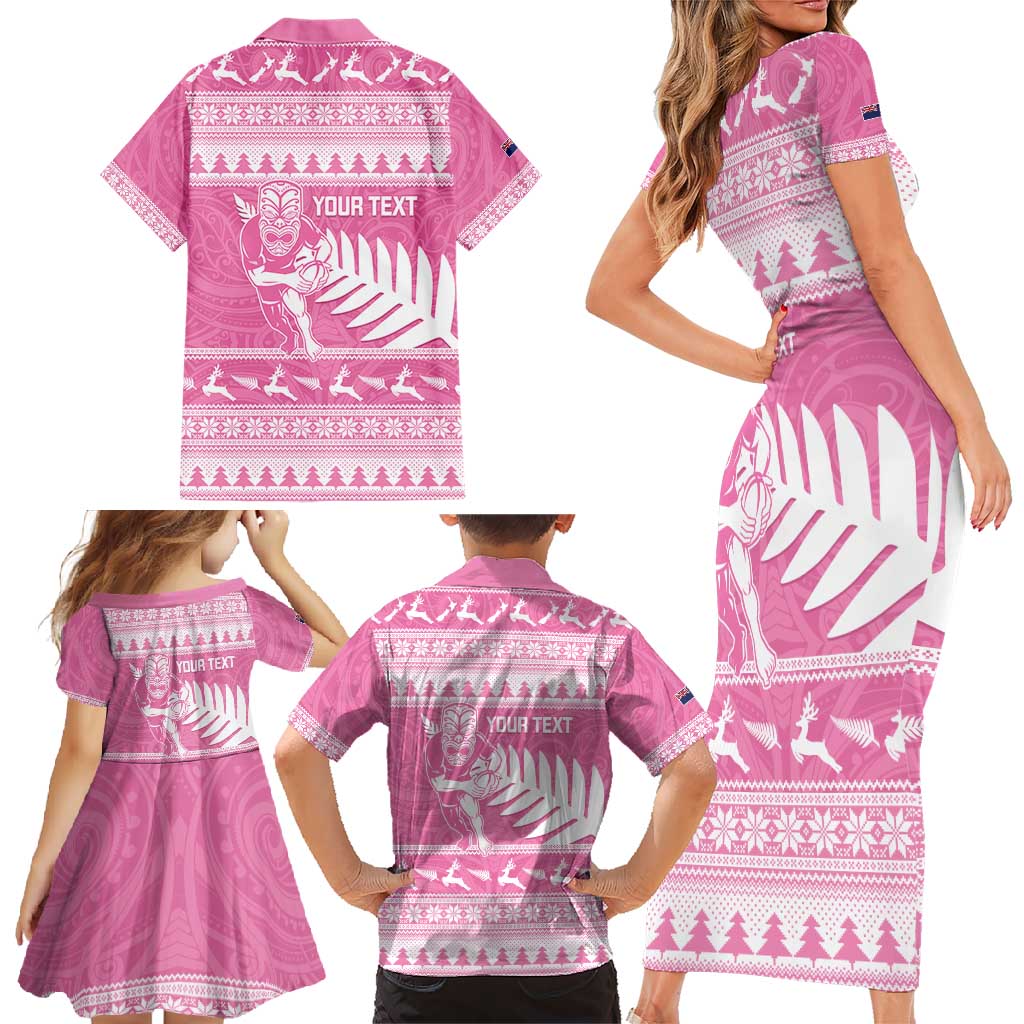 New Zealand Christmas Rugby Personalised Family Matching Short Sleeve Bodycon Dress and Hawaiian Shirt Meri Kirihimete All Black Maori Pink Version - Polynesian Pride
