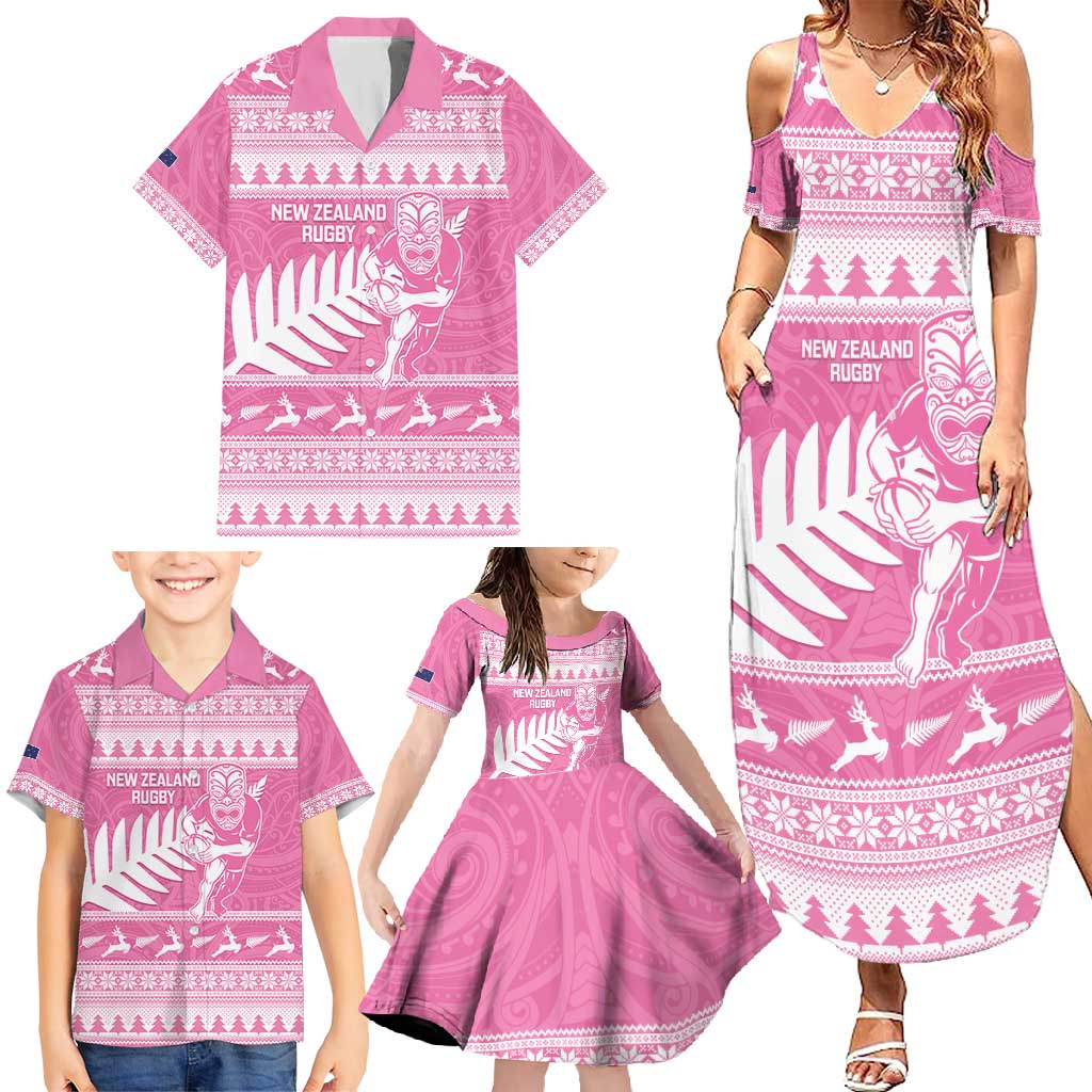 New Zealand Christmas Rugby Personalised Family Matching Summer Maxi Dress and Hawaiian Shirt Meri Kirihimete All Black Maori Pink Version - Polynesian Pride