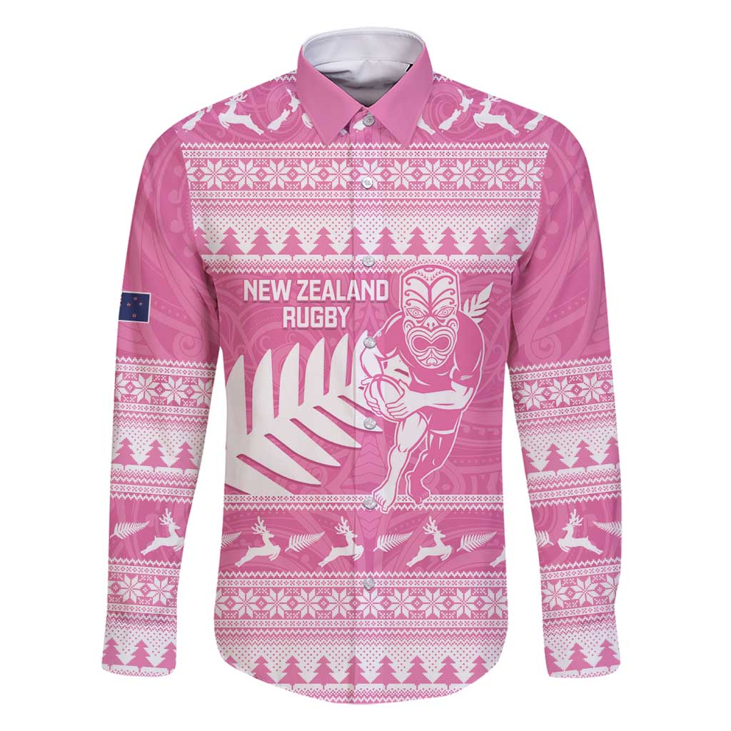 New Zealand Christmas Rugby Personalised Family Matching Tank Maxi Dress and Hawaiian Shirt Meri Kirihimete All Black Maori Pink Version - Polynesian Pride