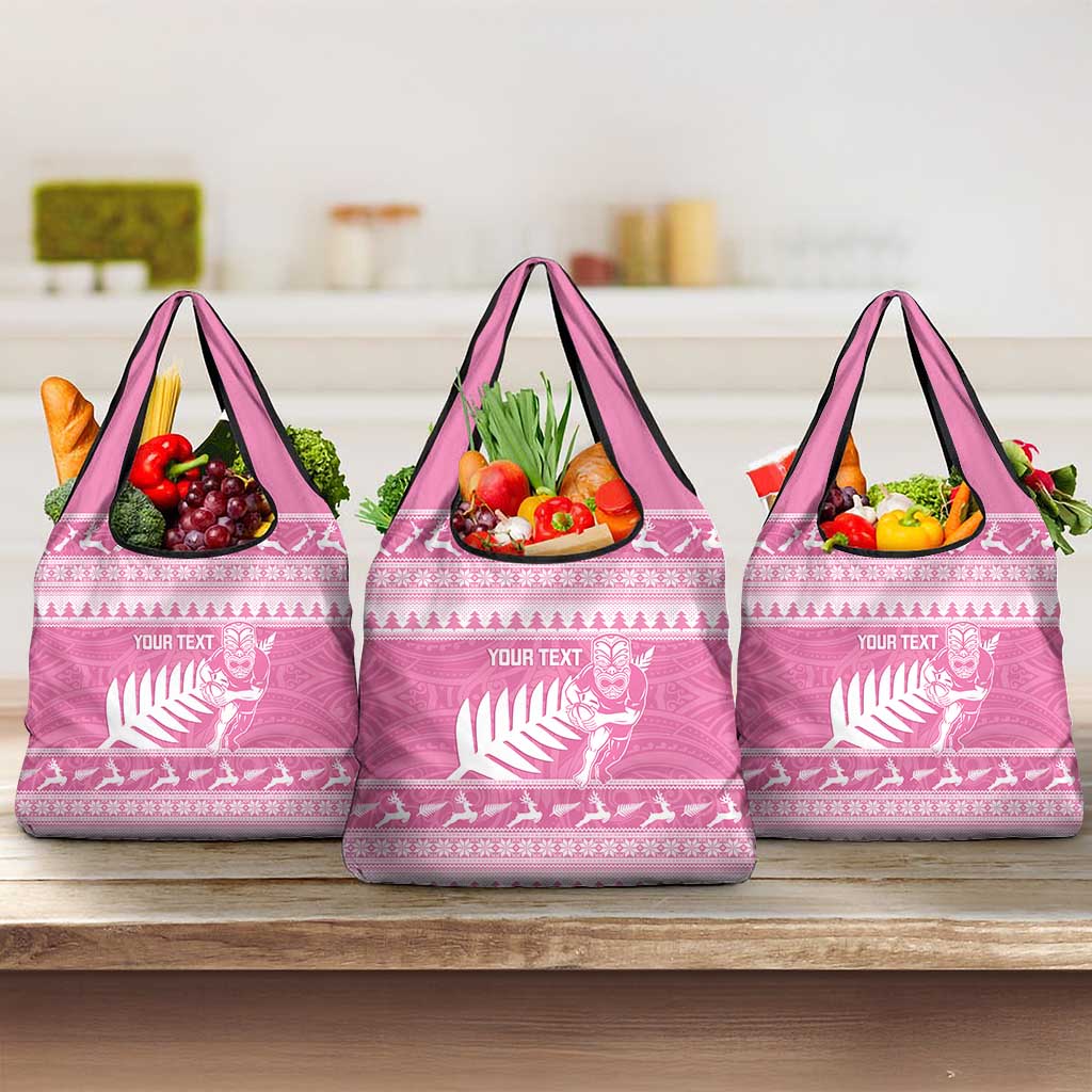 New Zealand Christmas Rugby Personalised Grocery Bag Meri Kirihimete All Black Maori Pink Version - Polynesian Pride