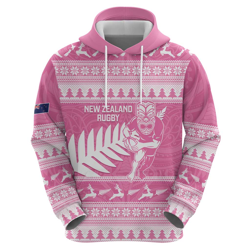 New Zealand Christmas Rugby Personalised Hoodie Meri Kirihimete All Black Maori Pink Version - Polynesian Pride