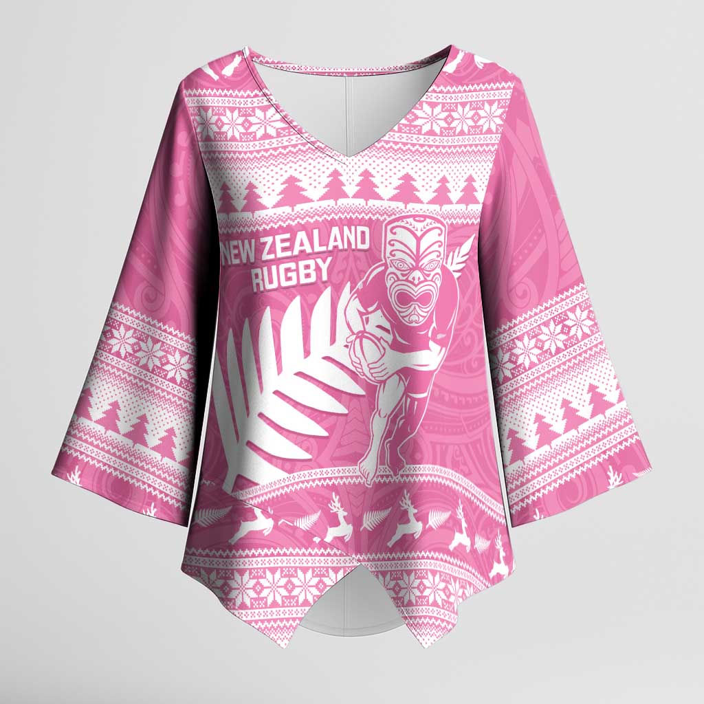 New Zealand Christmas Rugby Personalised Kimono Sleeve Blouse Meri Kirihimete All Black Maori Pink Version - Polynesian Pride