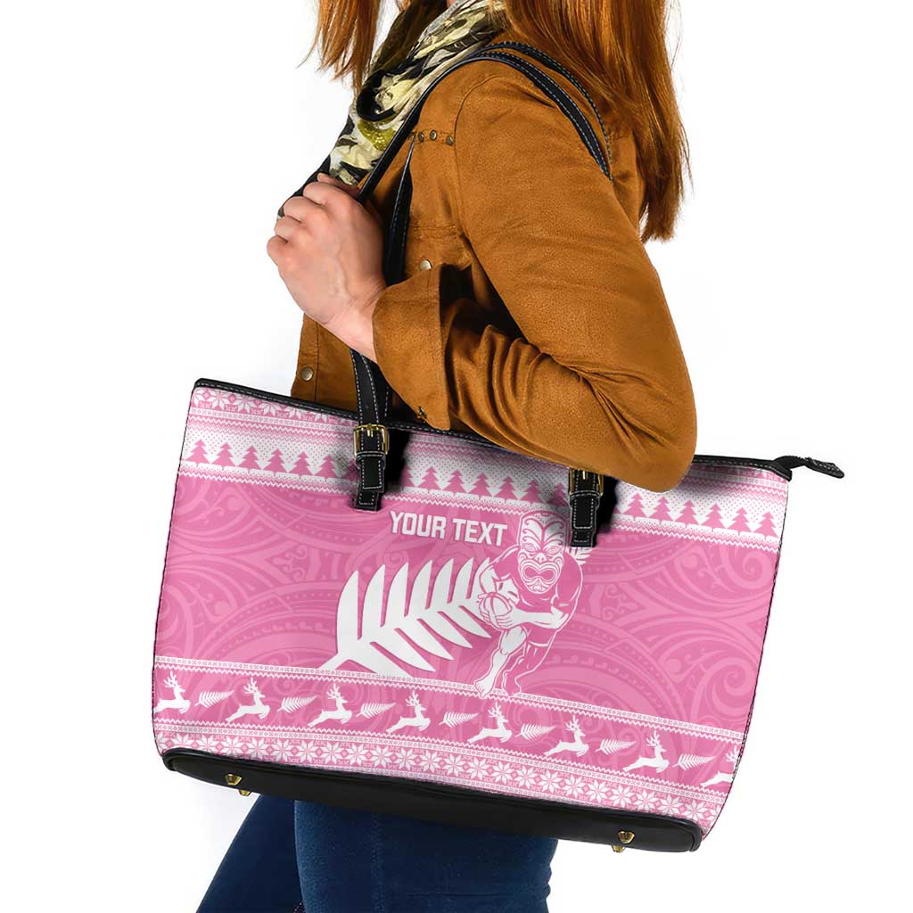 New Zealand Christmas Rugby Personalised Leather Tote Bag Meri Kirihimete All Black Maori Pink Version - Polynesian Pride
