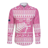 New Zealand Christmas Rugby Personalised Long Sleeve Button Shirt Meri Kirihimete All Black Maori Pink Version - Polynesian Pride