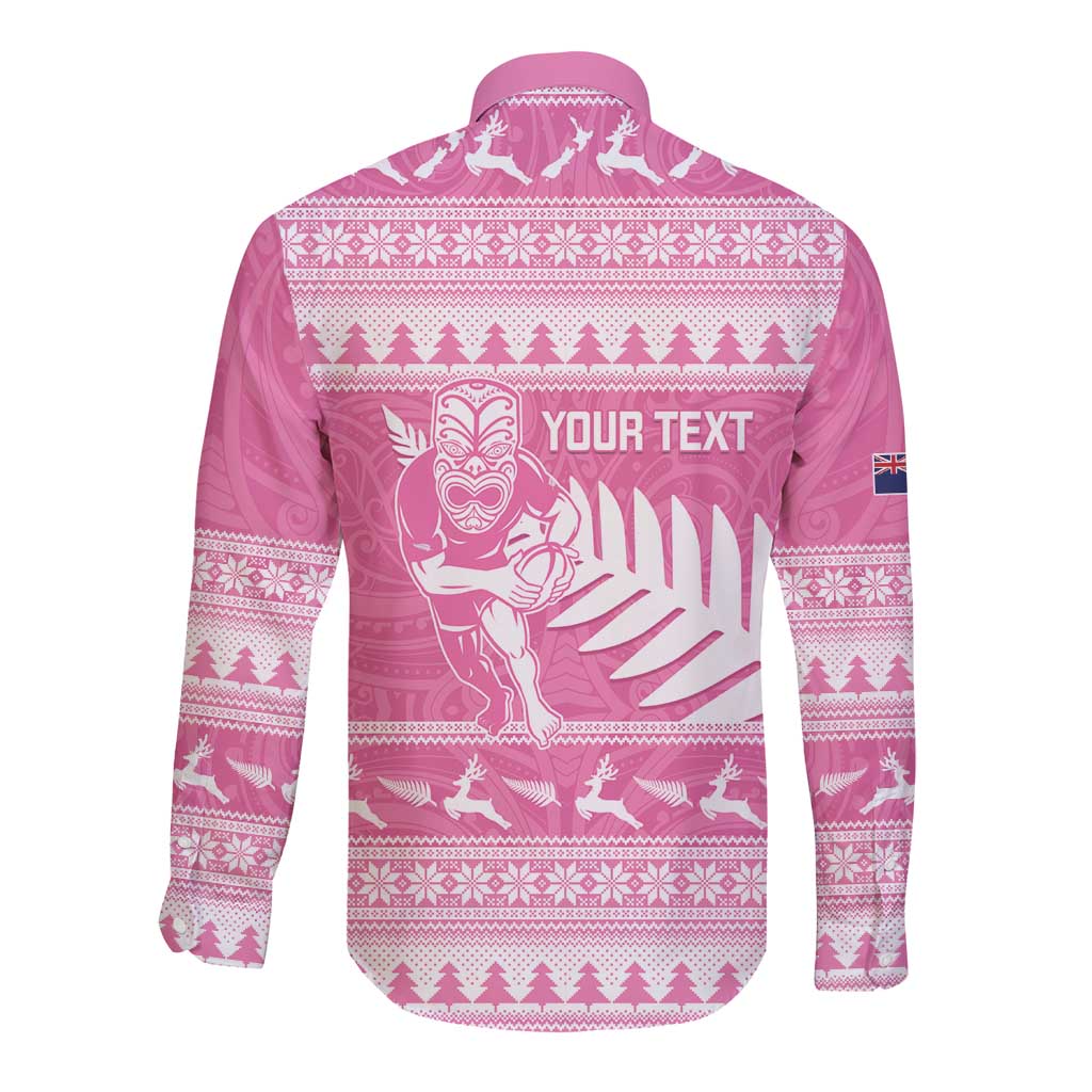 New Zealand Christmas Rugby Personalised Long Sleeve Button Shirt Meri Kirihimete All Black Maori Pink Version - Polynesian Pride