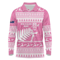 New Zealand Christmas Rugby Personalised Long Sleeve Polo Shirt Meri Kirihimete All Black Maori Pink Version - Polynesian Pride