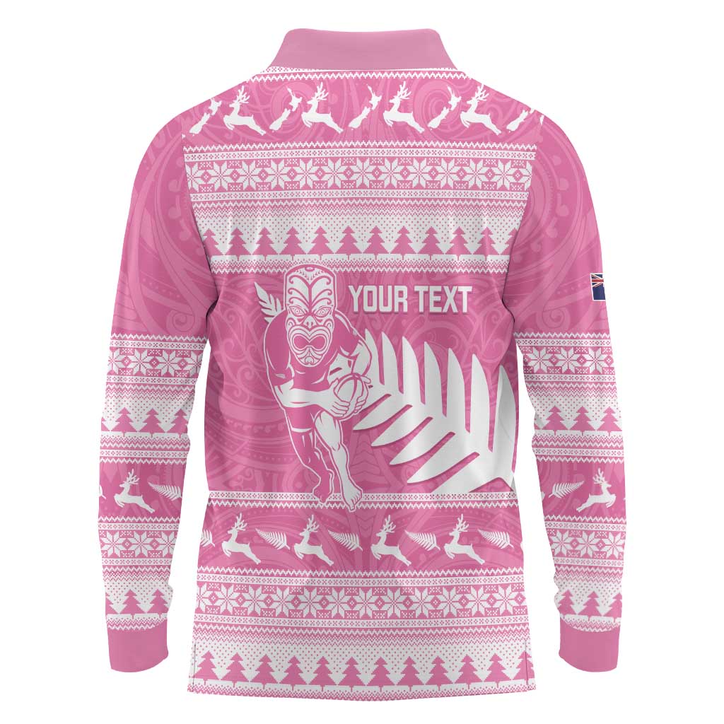 New Zealand Christmas Rugby Personalised Long Sleeve Polo Shirt Meri Kirihimete All Black Maori Pink Version - Polynesian Pride