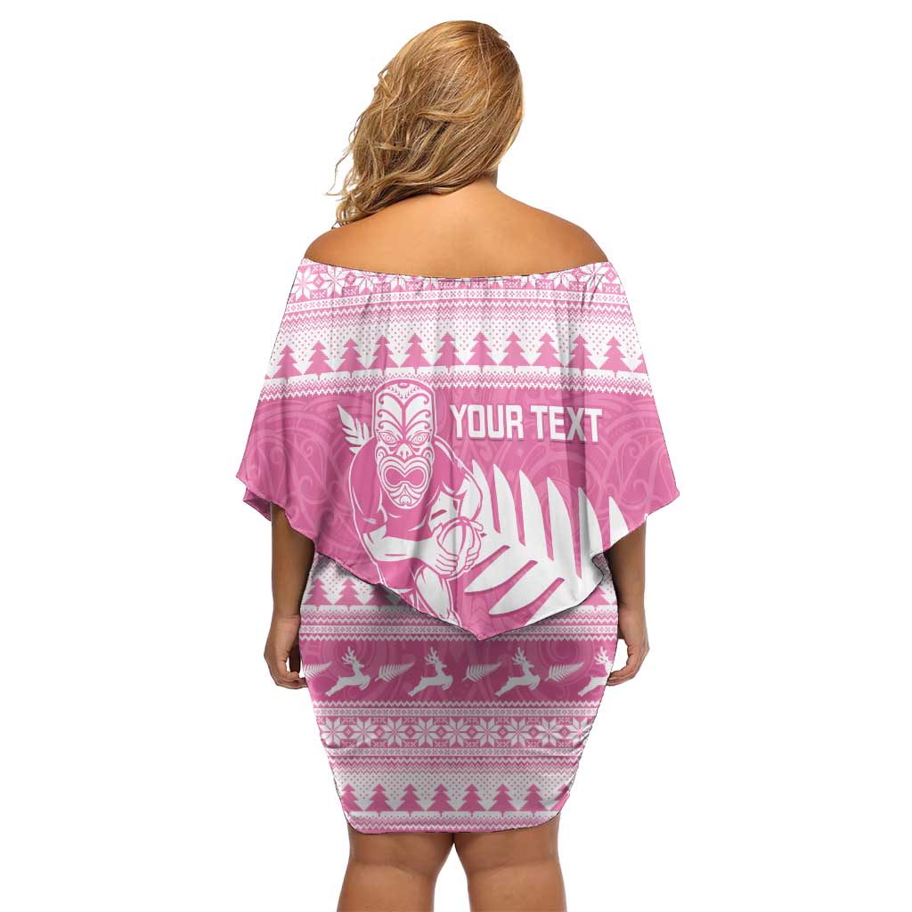 New Zealand Christmas Rugby Personalised Off Shoulder Short Dress Meri Kirihimete All Black Maori Pink Version - Polynesian Pride