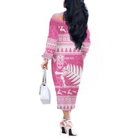 New Zealand Christmas Rugby Personalised Off The Shoulder Long Sleeve Dress Meri Kirihimete All Black Maori Pink Version - Polynesian Pride