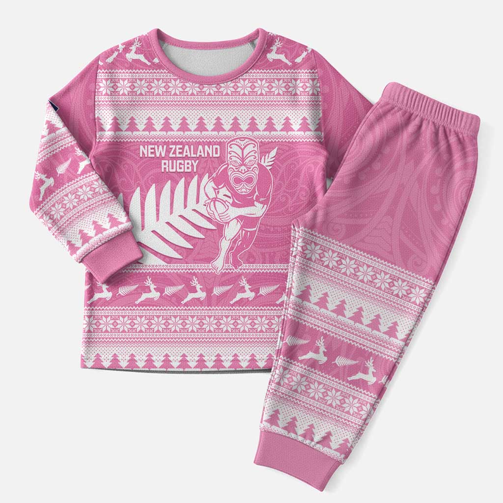 New Zealand Christmas Rugby Personalised Christmas Pajama Set Meri Kirihimete All Black Maori Pink Version - Polynesian Pride