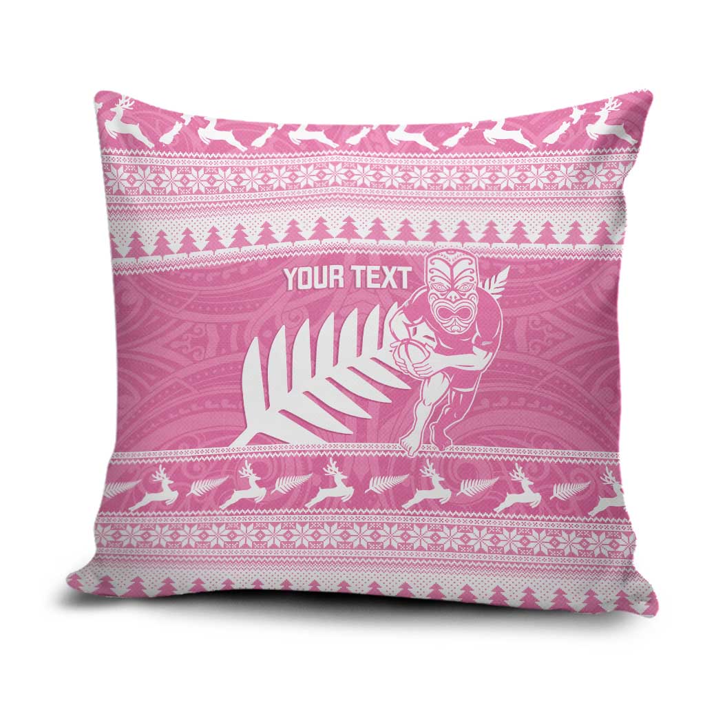 New Zealand Christmas Rugby Personalised Pillow Cover Meri Kirihimete All Black Maori Pink Version - Polynesian Pride