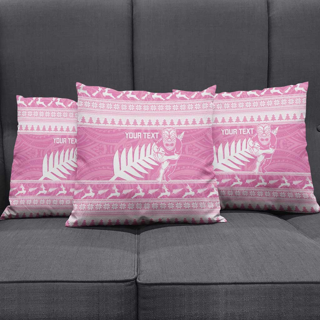 New Zealand Christmas Rugby Personalised Pillow Cover Meri Kirihimete All Black Maori Pink Version - Polynesian Pride