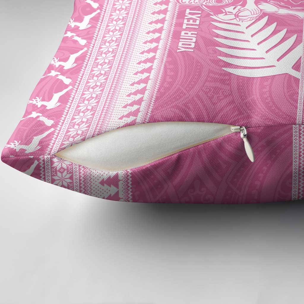 New Zealand Christmas Rugby Personalised Pillow Cover Meri Kirihimete All Black Maori Pink Version - Polynesian Pride