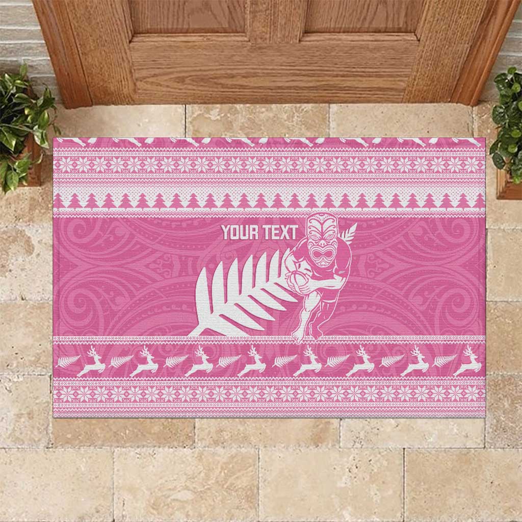 New Zealand Christmas Rugby Personalised Rubber Doormat Meri Kirihimete All Black Maori Pink Version - Polynesian Pride