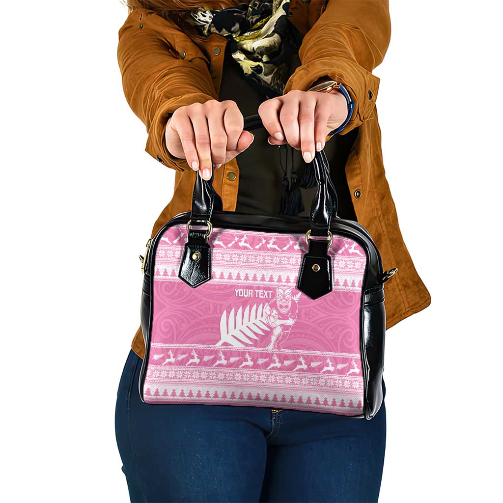 New Zealand Christmas Rugby Personalised Shoulder Handbag Meri Kirihimete All Black Maori Pink Version - Polynesian Pride