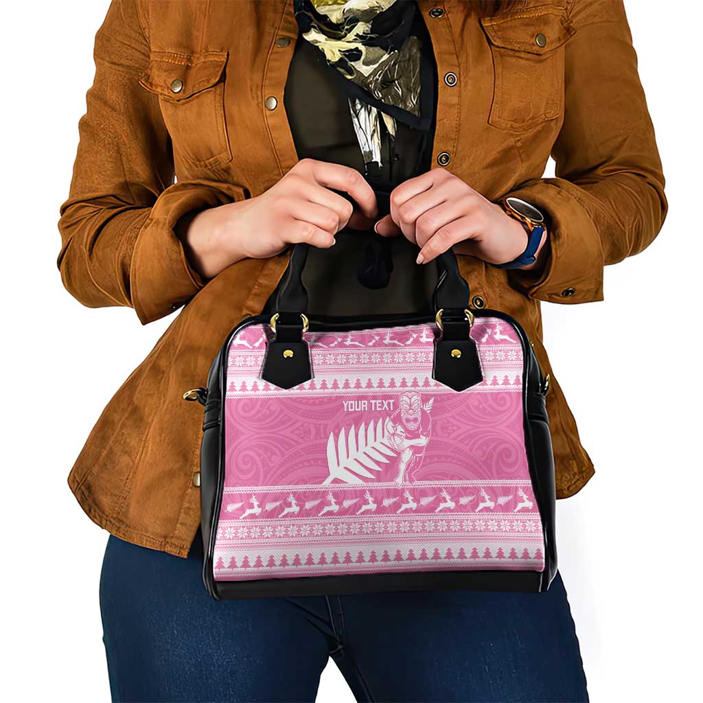 New Zealand Christmas Rugby Personalised Shoulder Handbag Meri Kirihimete All Black Maori Pink Version - Polynesian Pride