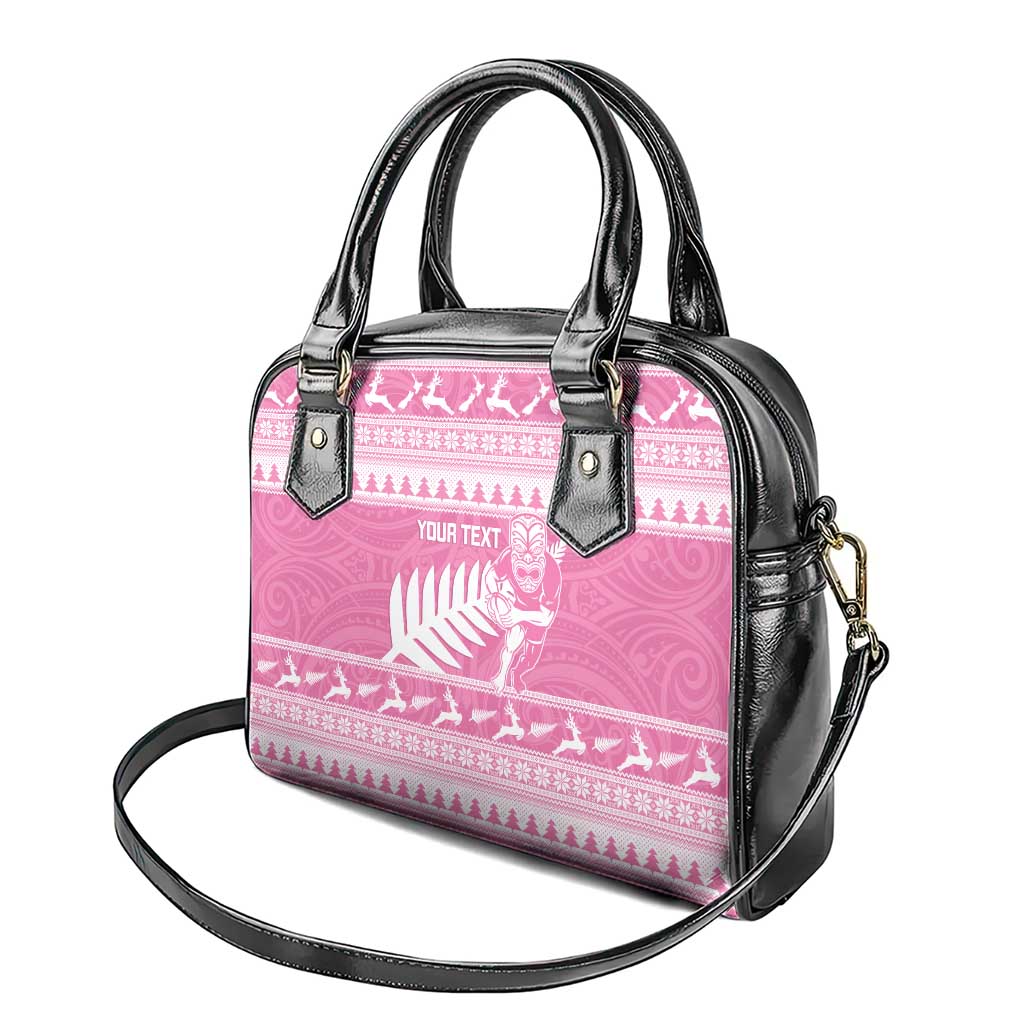New Zealand Christmas Rugby Personalised Shoulder Handbag Meri Kirihimete All Black Maori Pink Version - Polynesian Pride
