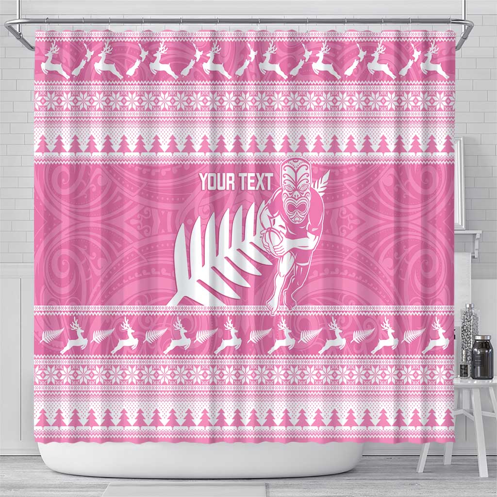 New Zealand Christmas Rugby Personalised Shower Curtain Meri Kirihimete All Black Maori Pink Version - Polynesian Pride